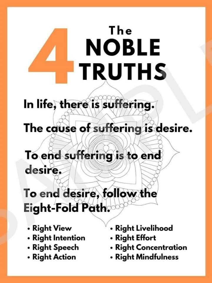 an orange and white poster with the words 4 noble truths in black on it