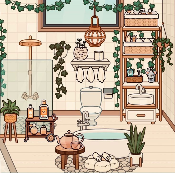 the bathroom is decorated with plants and potted plants