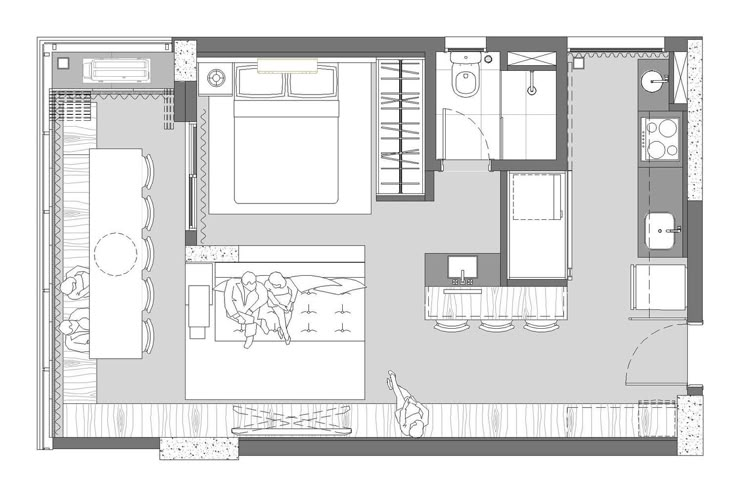 the floor plan for a small apartment with two beds and one living room in it