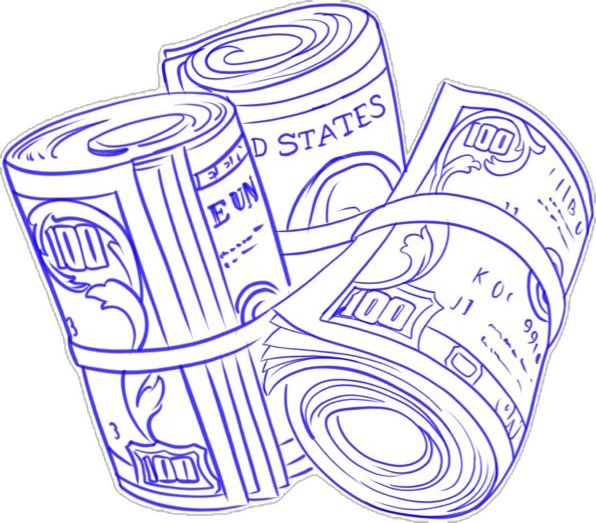 two rolls of money are shown in blue ink