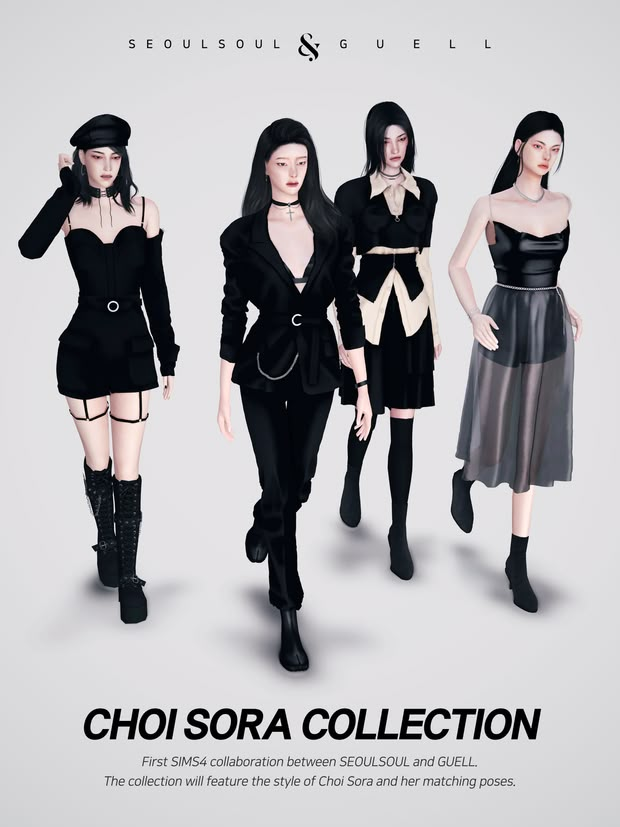 three women in black and white outfits standing next to each other, with the caption choi sora collection