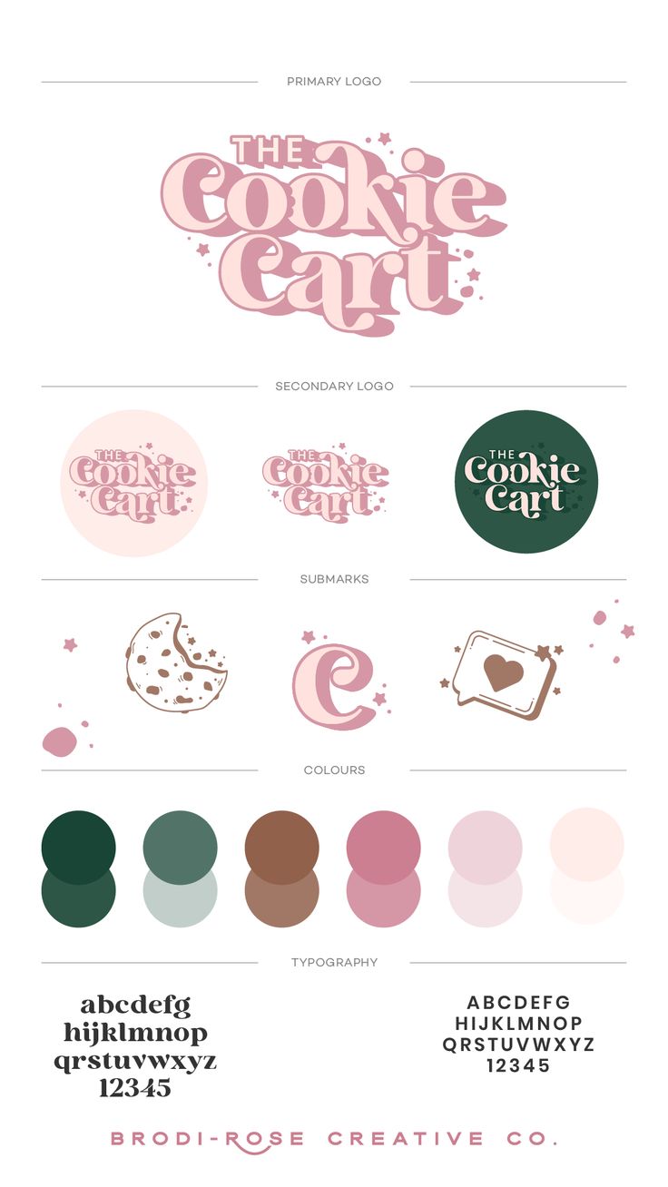 the cookie cart logo is shown in pink, green and brown colors with different font styles