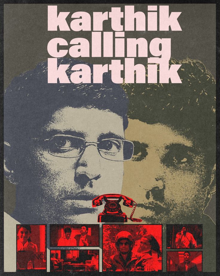 a movie poster for the film karthhik calling karthrik, with two men talking on an old telephone