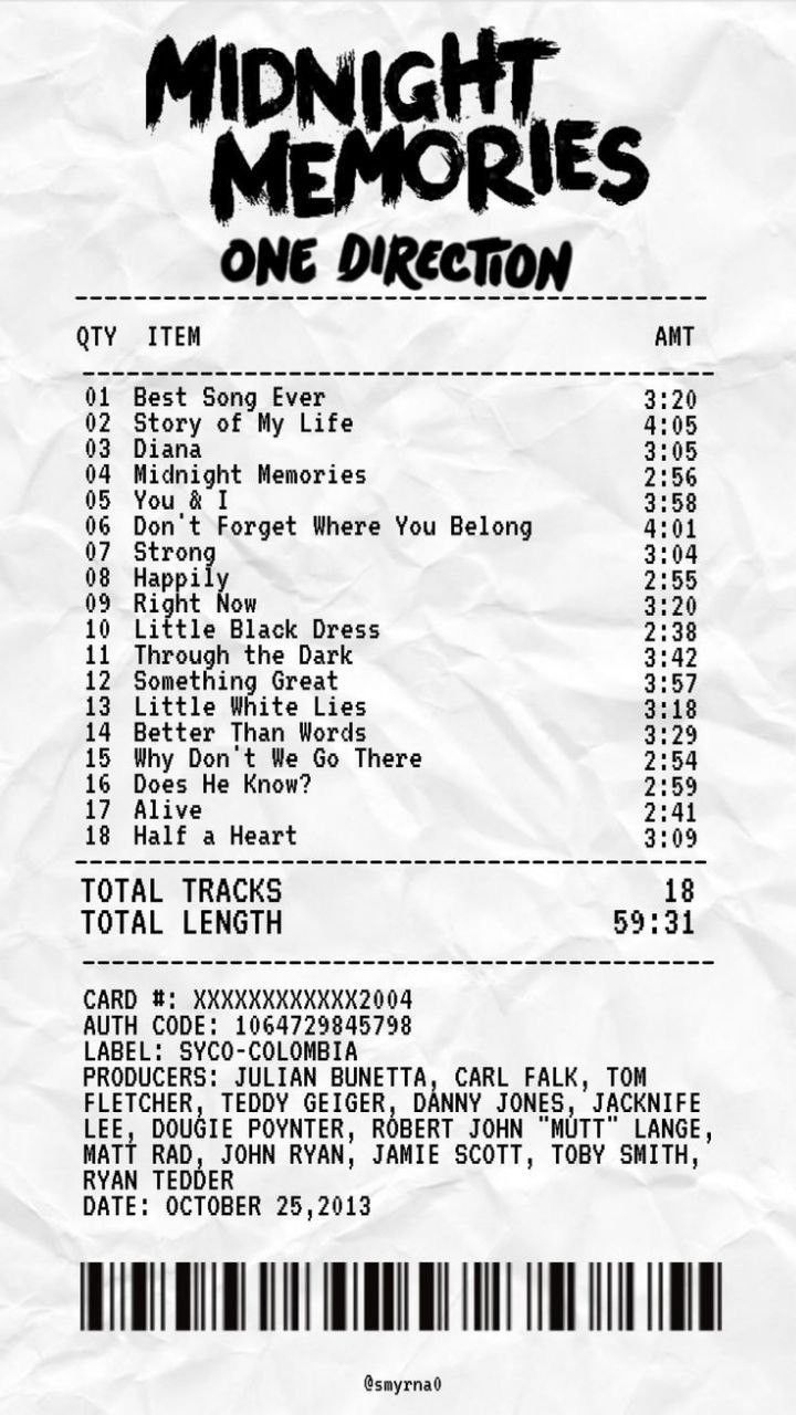 the receipt for midnight memories one direction