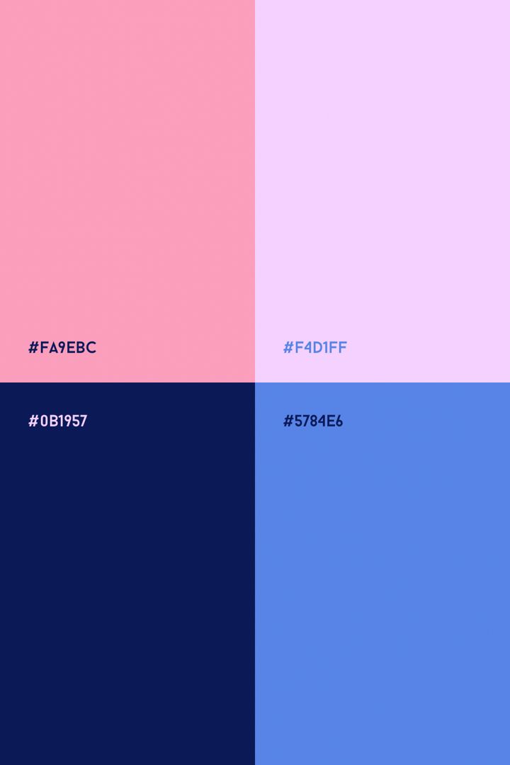 Pink and blue color palette: Soft pink, lilac, bright blue and navy blue color combination Navy Blue And Pink Palette, Pink Blue Colour Scheme, Navy Blue And Pink Colour Palette, Navy And Pink Palette, Periwinkle And Red Color Palettes, Royal Blue And Pink Color Palette, Blue And Pink Pallete Color, Denim And Pink Color Palette, Dark Blue Pink Color Palette