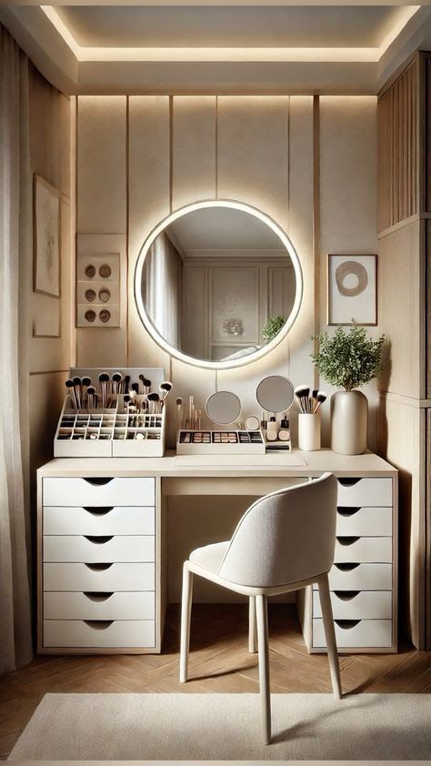 a white vanity with a round mirror above it and a chair in front of it