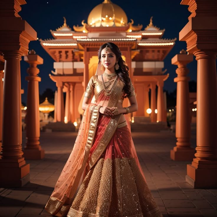 a woman wearing a gold and red lehenga standing in front of an archway