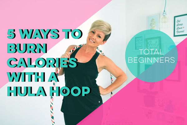 a woman standing in front of a wall with the words 5 ways to burn calories with a hula hoop