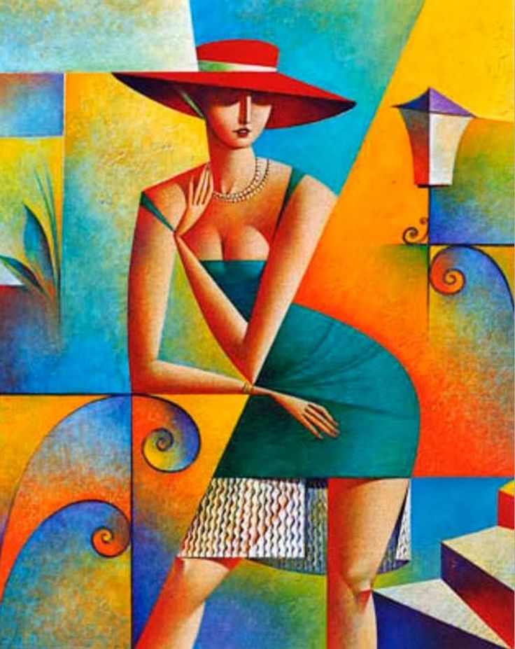 a painting of a woman with a hat on her head and an abstract design in the background