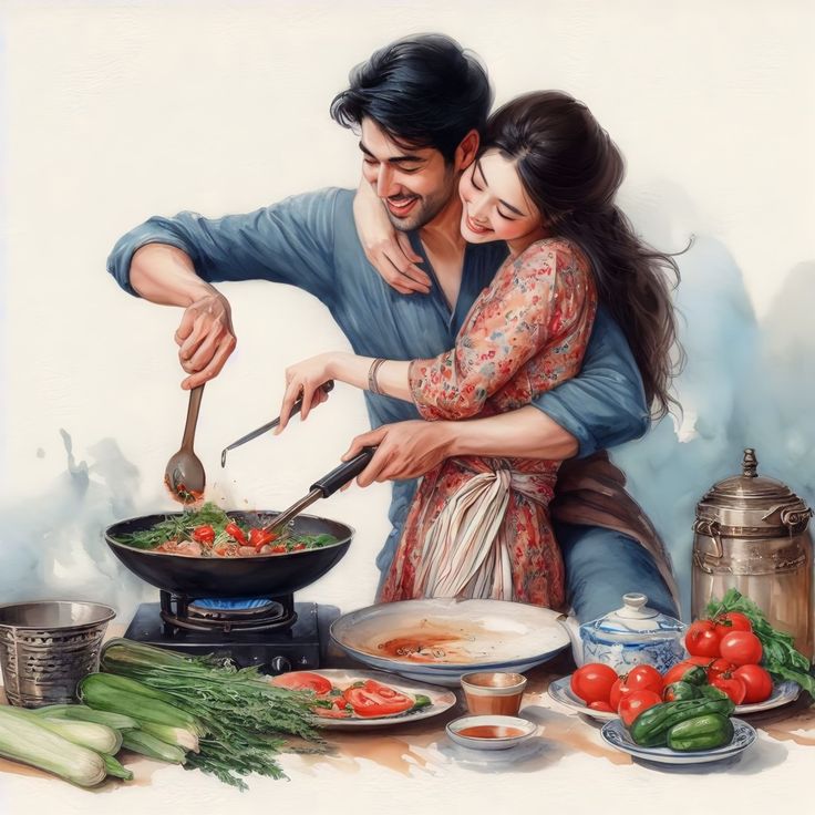 a painting of two people cooking food on a table with utensils and vegetables