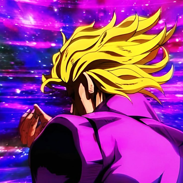 a man with blonde hair standing in front of purple and blue stars, looking at the sky