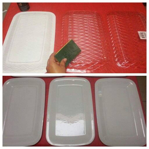 two pictures showing the process of painting plastic trays