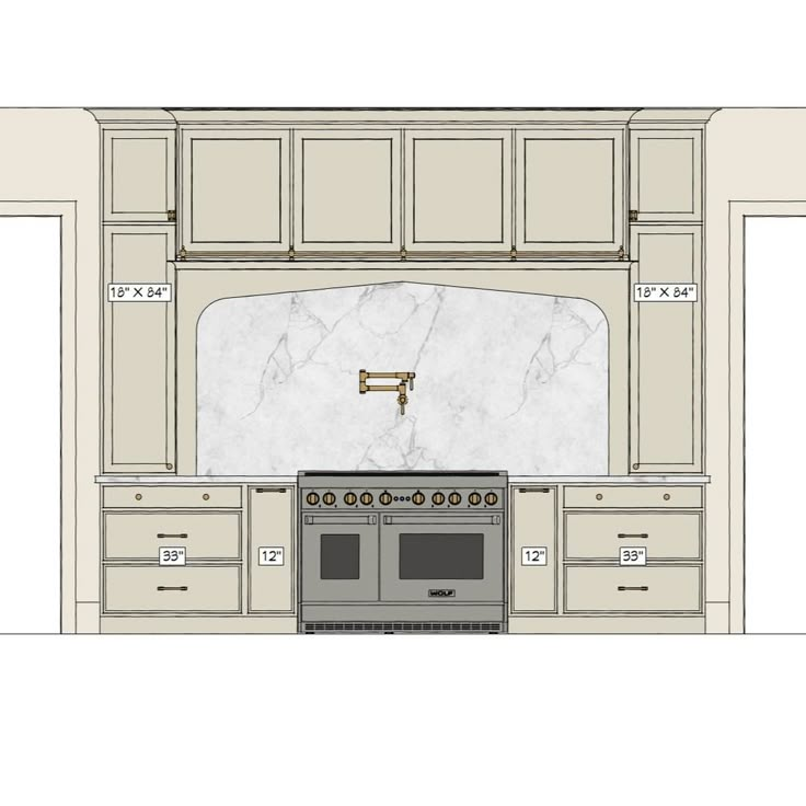 a drawing of a kitchen with an oven and counter tops, along with cupboards