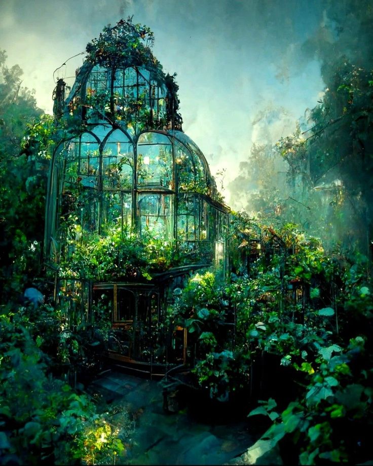 an artistic painting of a greenhouse surrounded by greenery and trees in the evening light