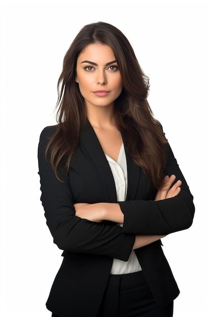 a woman with her arms crossed standing in front of a white background wearing a black suit