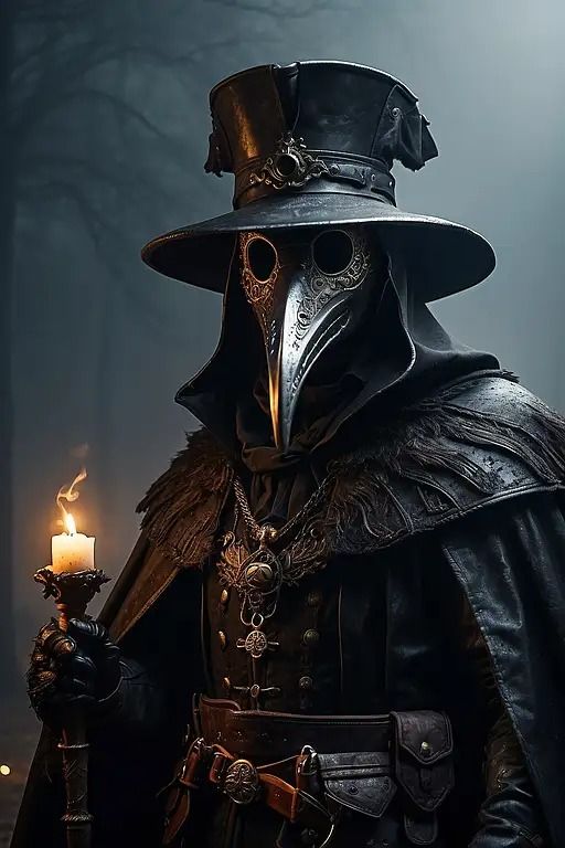 a man in a plague costume holding a candle