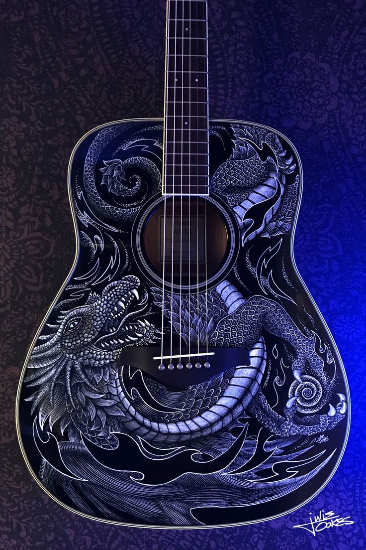 Custom painted guitar with dragon tribal flame design Guitar Art Painting, Acoustic Guitar Art, Painted Ukulele, Electric Guitar Art, Painted Guitar, Custom Acoustic Guitars, Custom Bass Guitar, Ukulele Art, Guitar Artwork