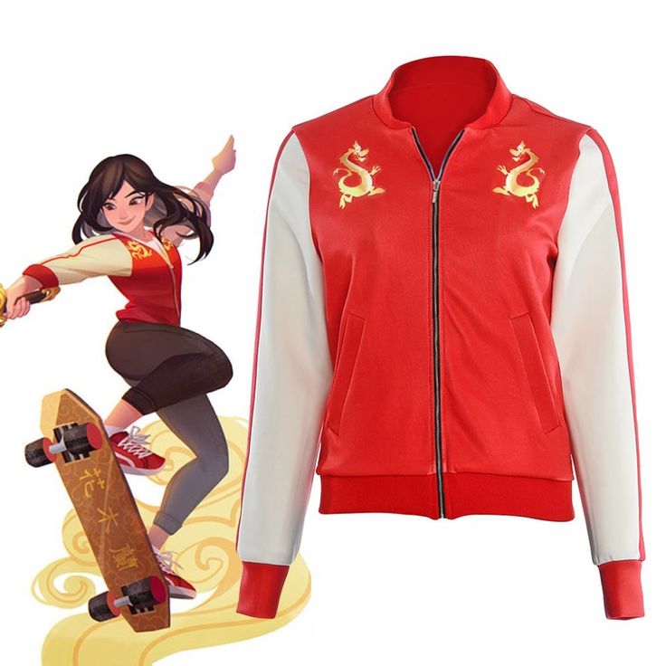 a women's red and white jacket with an image of a woman on a skateboard