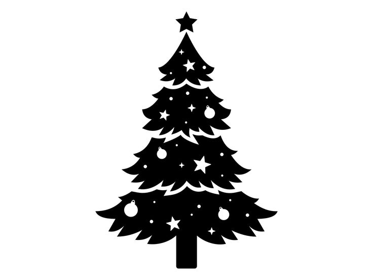 a black and white silhouette of a christmas tree with stars on it's top