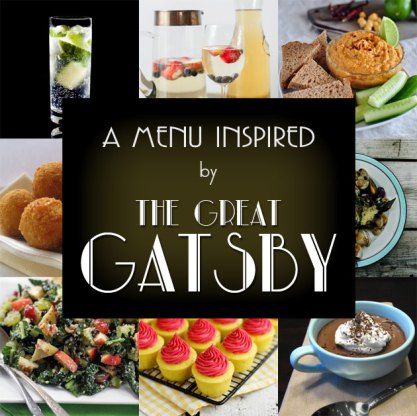 a menu inspired by the great gatsby is featured in this collage with images of food, drinks and desserts