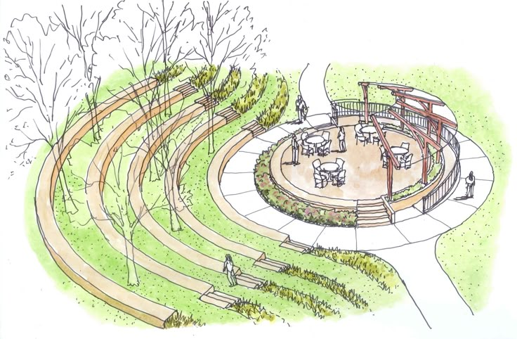 an artist's rendering of a circular seating area with benches and trees in the background