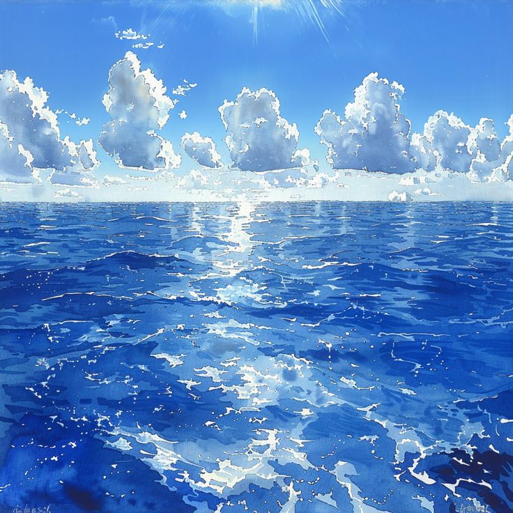 an ocean scene with clouds and the sun shining over the water, as seen from across the sea