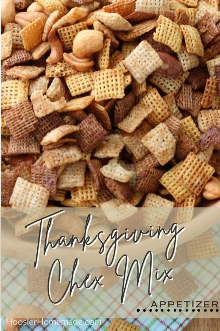 thanksgiving chex mix in a bowl with the title overlay that reads, thanksgiving chex mix