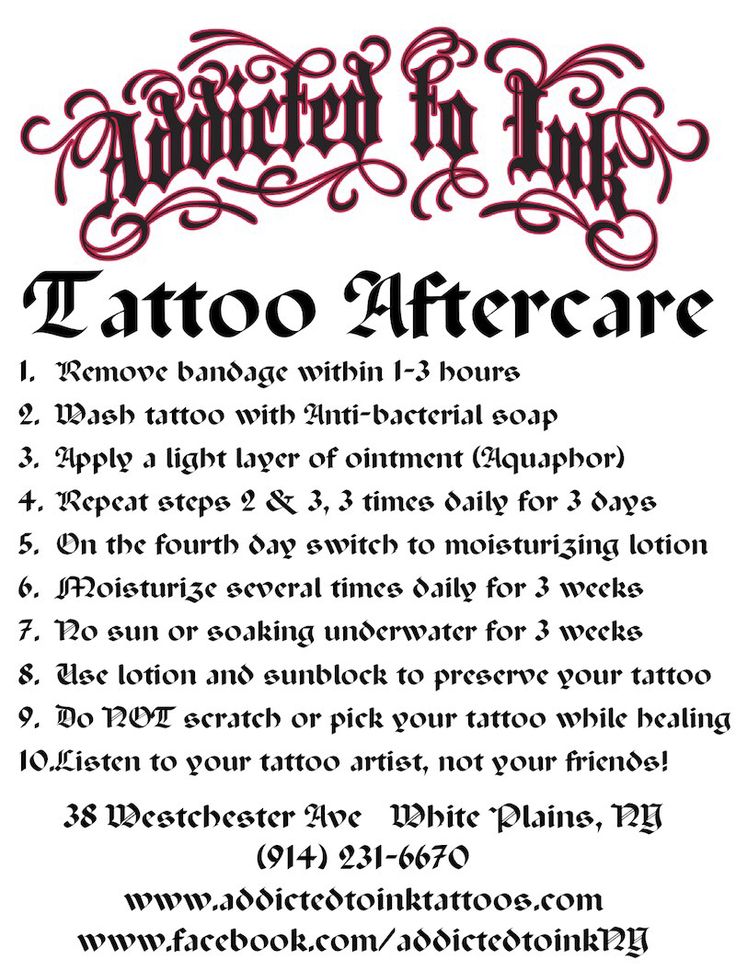 a tattoo flyer with the words tattoo after care written in black ink on white paper