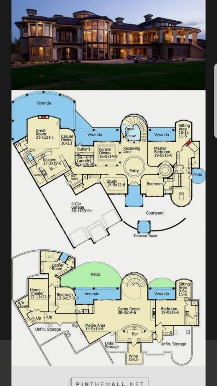 the floor plan for this luxury home is shown in two different views, and there are also