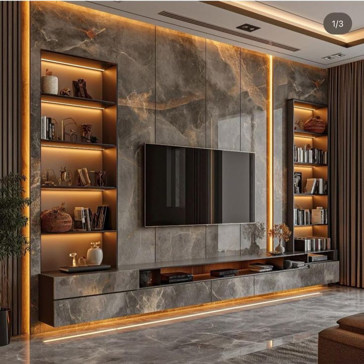 a modern living room with marble walls and built - in entertainment center, lighted by recessed lighting