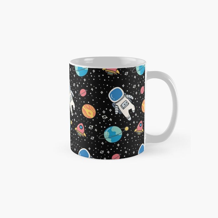 a black coffee mug with space and planets on it