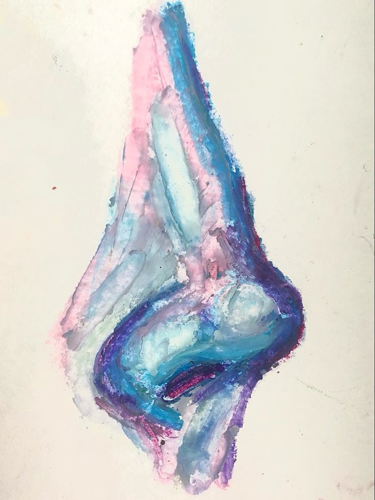 an abstract painting with blue, pink and purple colors on white paper in the shape of a woman's torso