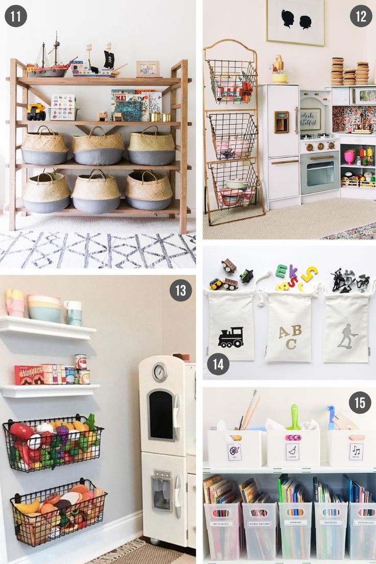 four pictures showing different types of storage in the kitchen and on the living room wall