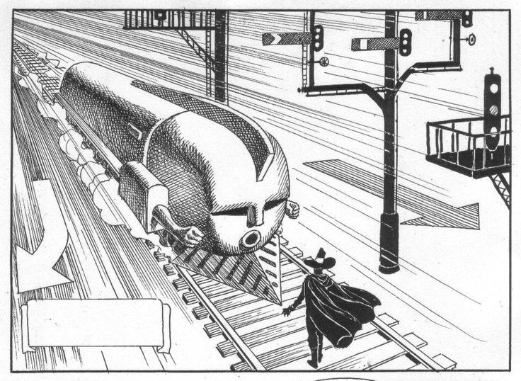 a black and white drawing of a train coming down the tracks with a man standing next to it