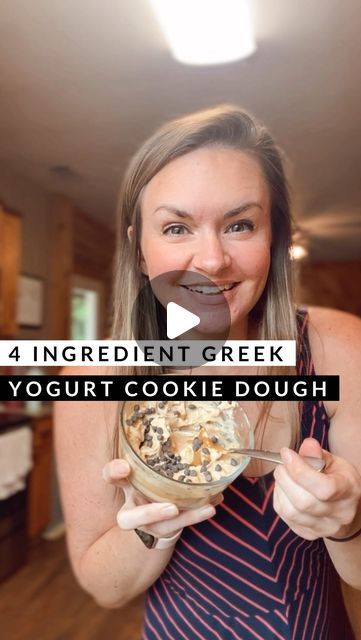 a woman holding a bowl of food with the words 4 ingredient greek yogurt cookie dough