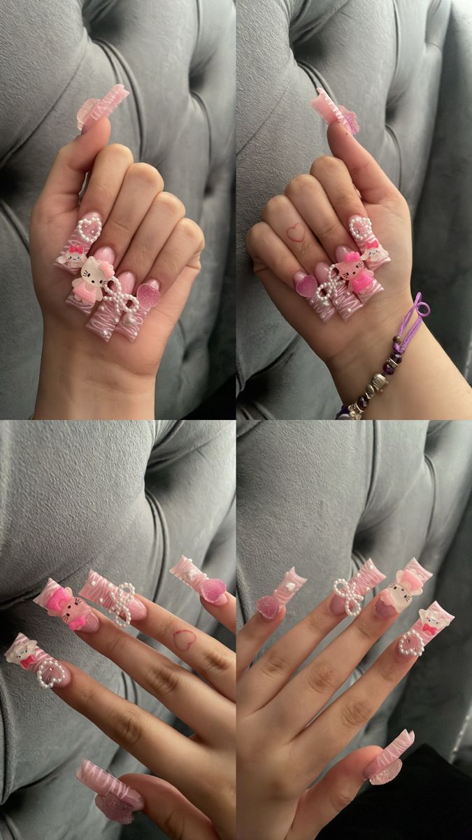 Duck Nails Acrylic Valentines, Pink Hello Kitty Duck Nails, Kawaii Acrylic Nails Hello Kitty, Big Hello Kitty Charm Nails, Duck Nails Acrylic Hello Kitty, Cardi B Duck Nails, Duck Nails Junk Nail, Charm Duck Nails, Light Pink Duck Nails