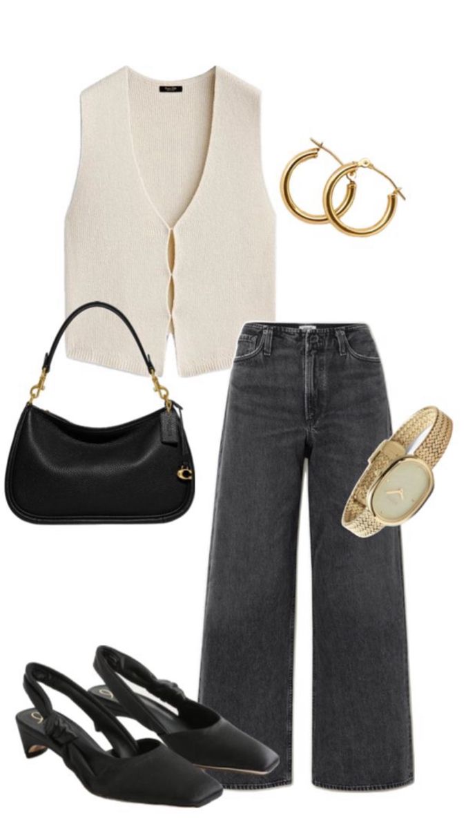 a pair of black high waisted jeans, white sweater and gold accessories are featured in this image