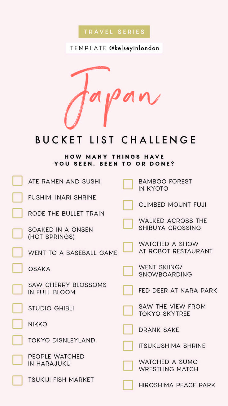 the japan bucket list is shown in pink and yellow