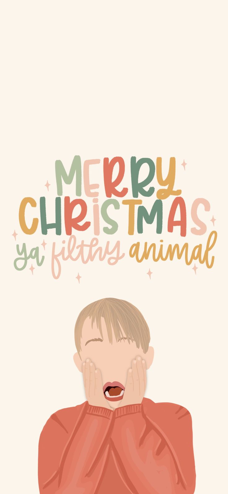 a child covering his face with the words merry christmas ya hear's animal on it