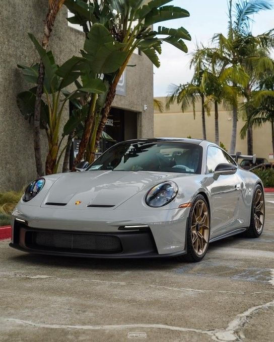 a silver sports car parked in front of a building with palm trees behind it and the door open