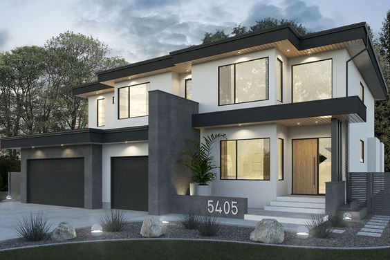 this is a rendering of a two story house with garages and stairs leading to the front door