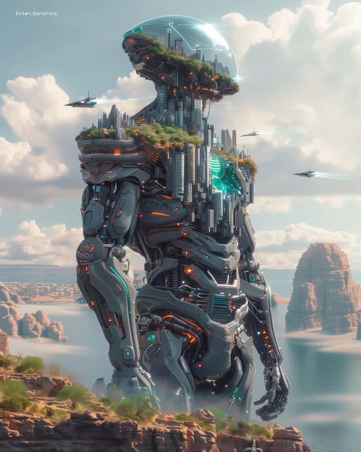 a futuristic robot standing on top of a cliff