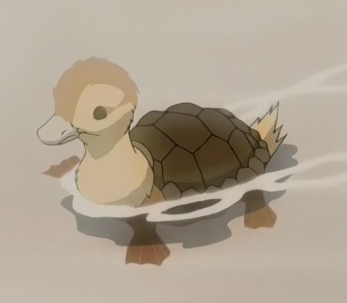 a duck is swimming in the water with a turtle on it's back legs