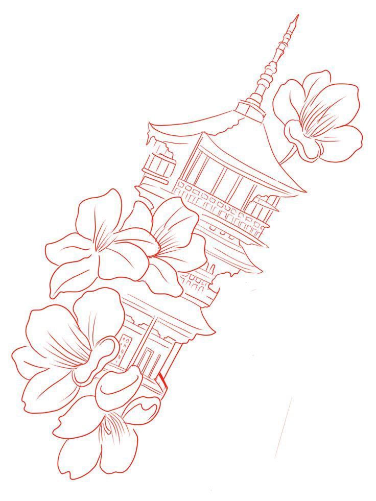 a line drawing of flowers in front of a building with a pagoda on the top