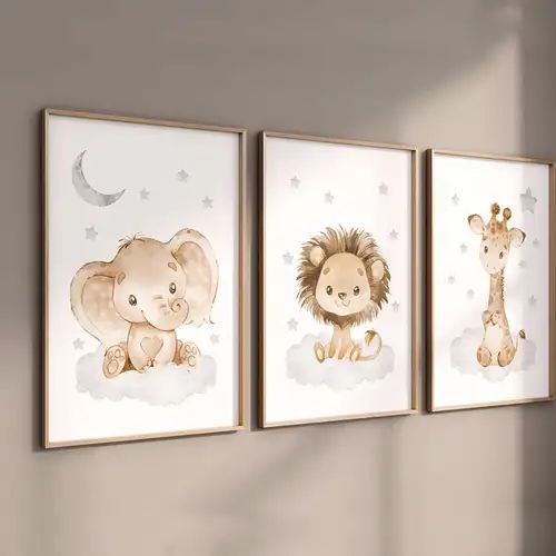 three pictures of animals hanging on the wall