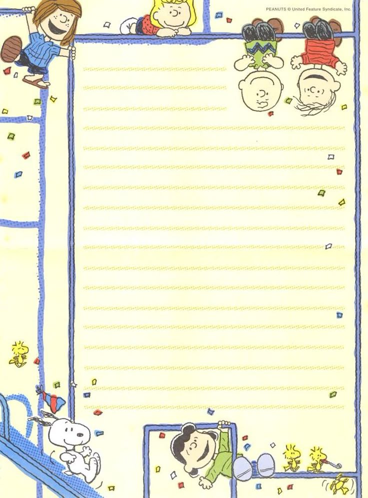 a child's writing paper with cartoon characters on the page and an image of two children