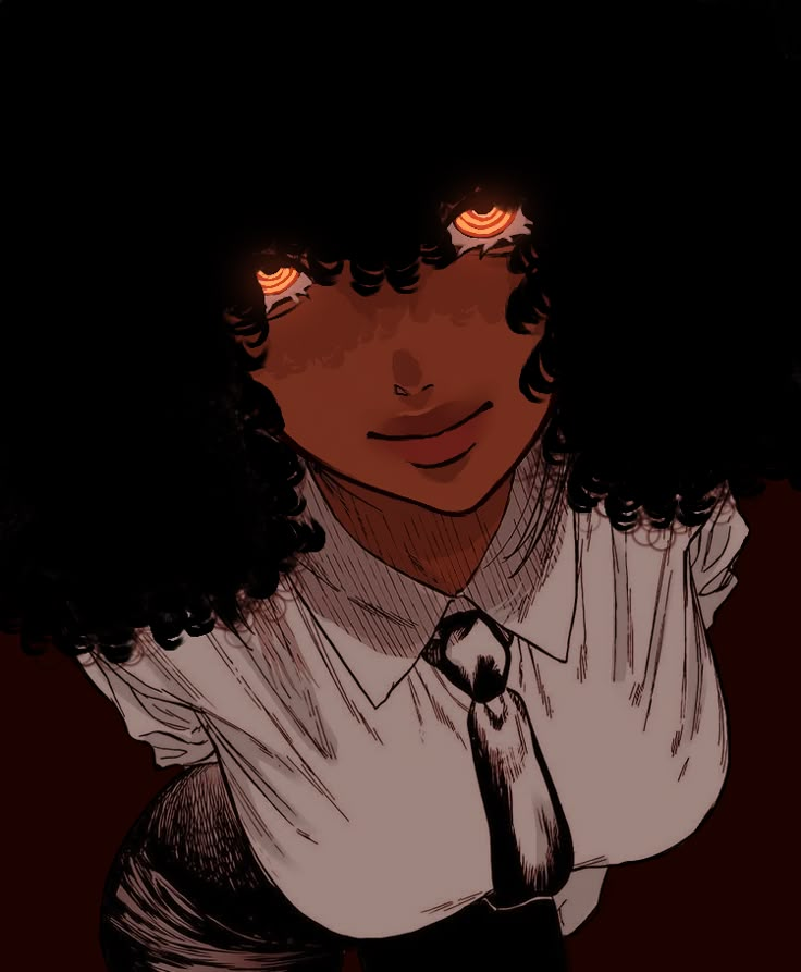 an image of a woman with glowing eyes in her shirt and tie on the dark background