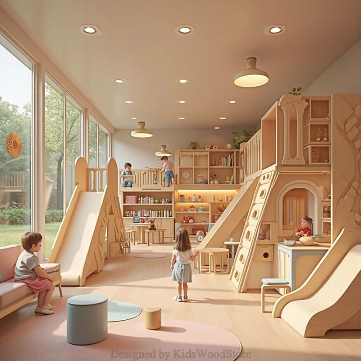 children playing in a play room with slides and toys