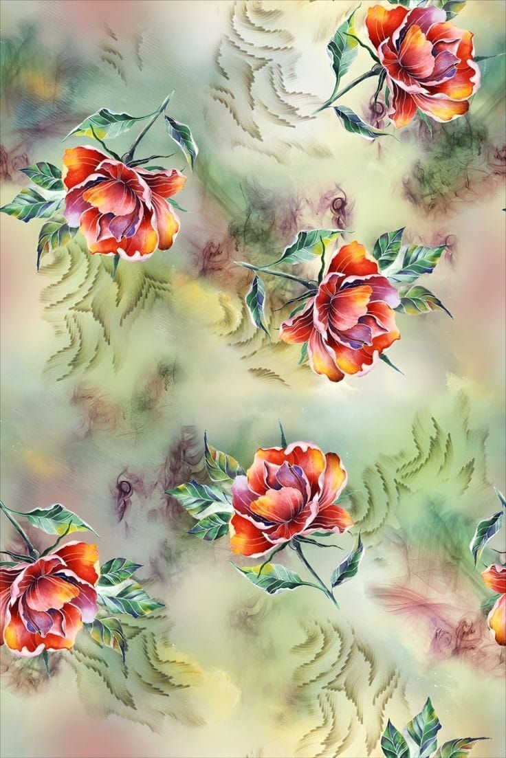 a painting of red and orange flowers on a green, yellow, and pink background