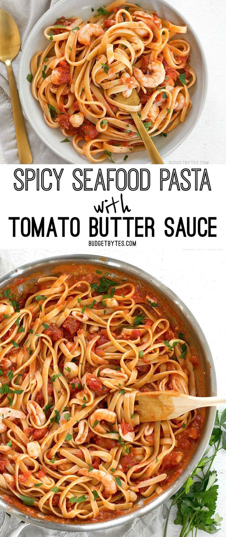 two pictures showing different types of pasta with tomato sauce and shrimp in a skillet